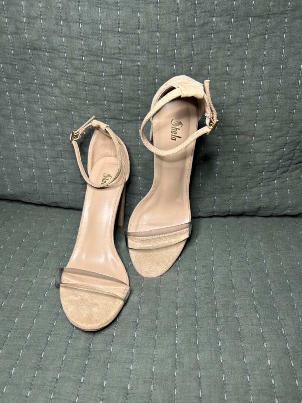 SHEIN Beige Nude Clear Ankle-Strap Suede Heels Tan